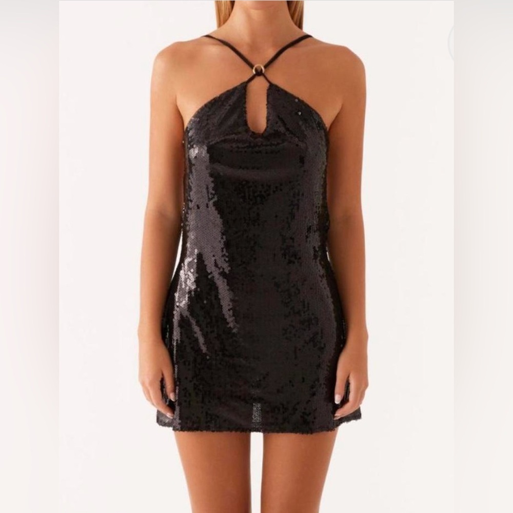 Peppermayo Black Sequin Halter Mini Dress